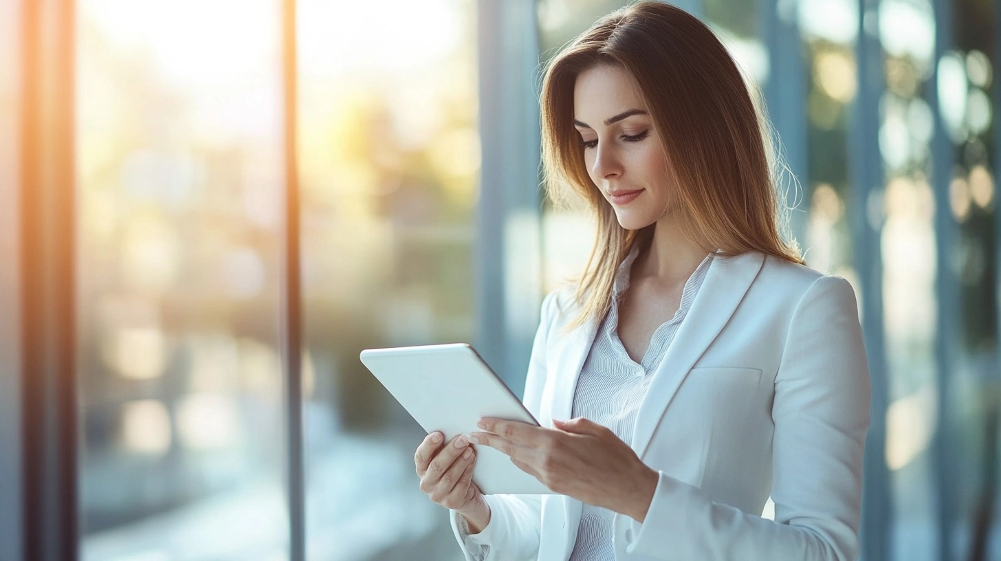 Professional businesswoman in a white blazer reviewing a risk assessment report on a tablet in a modern office with sunlight streaming through large windows.