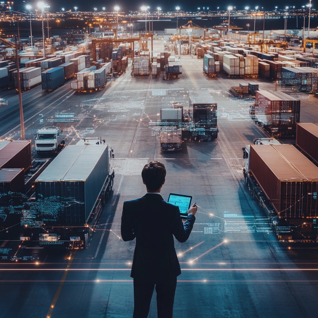 A businessman in a suit using a tablet, overlooking a vast logistics hub with shipping containers and trucks at night, with a digital supply chain data overlay.