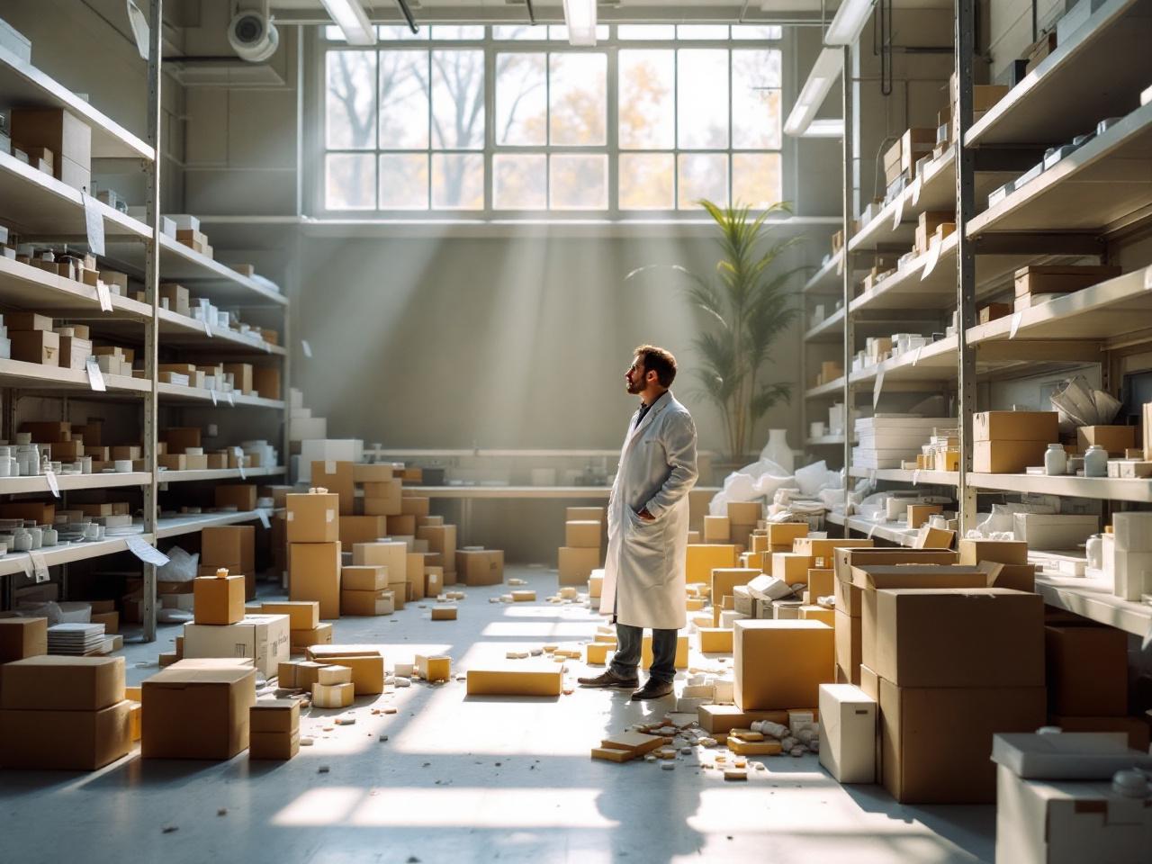 Pharmaceutical warehouse in disarray, with a scientist assessing disrupted supply inventory — highlighting fragility in life sciences supply chains.