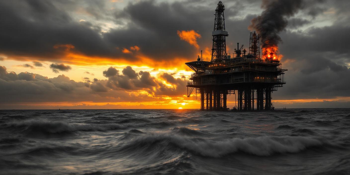 Offshore oil rig at sunset with active flare, symbolising energy sector vulnerability to geopolitical risk and disruption.