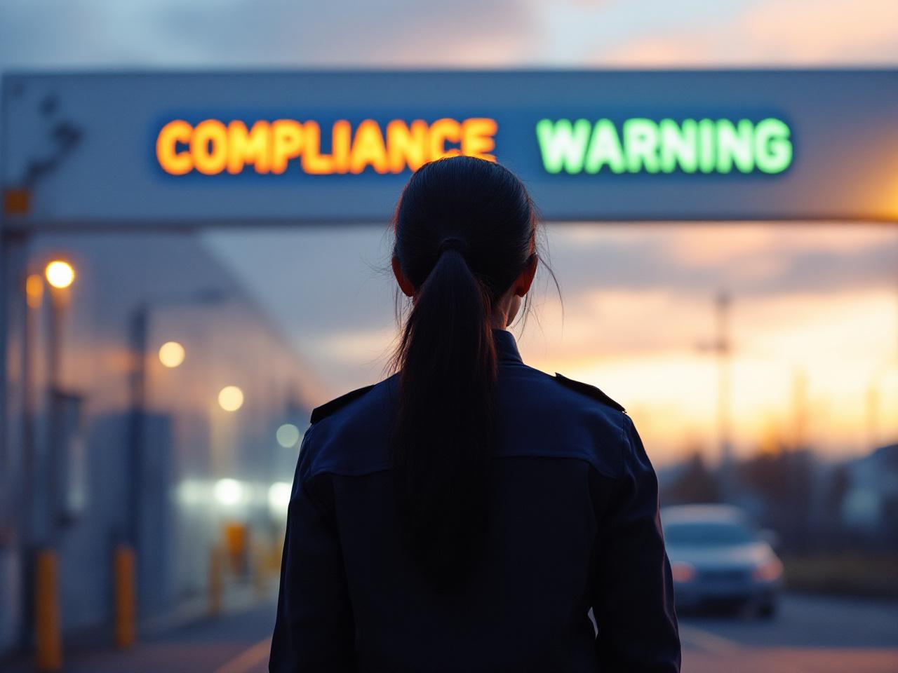 Businesswoman facing a neon sign reading ‘Compliance Warning’, representing regulatory and compliance risks in modern supply chains.