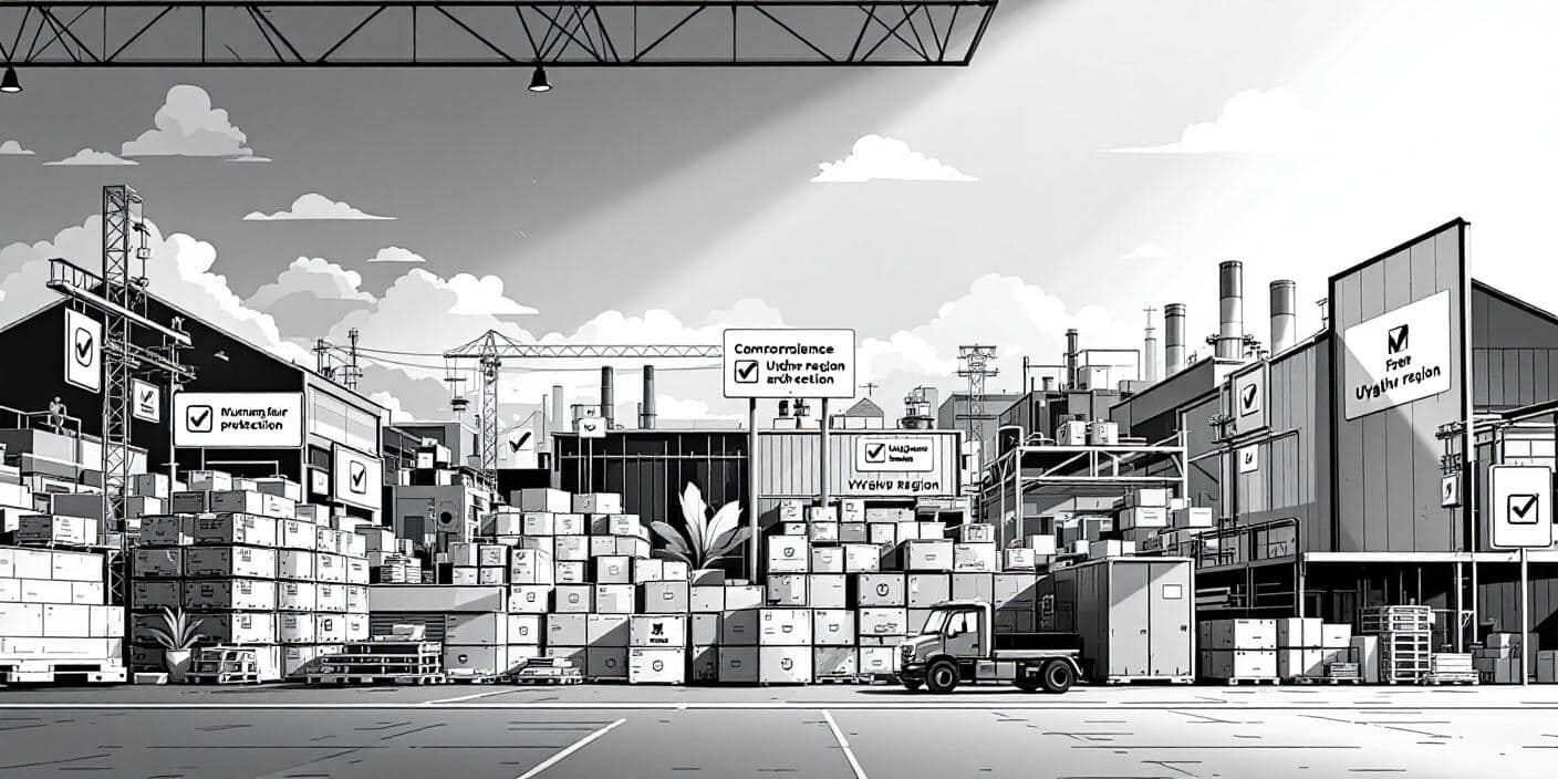 Factory complex with Uyghur region compliance labels and shipping boxes, illustrating vendor risk assessment and human rights due diligence