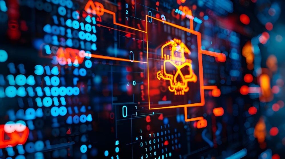 Digital illustration of a cyber attack targeting a supply chain system, showing binary code, red warning symbols, and a glowing skull icon representing malware infiltration.