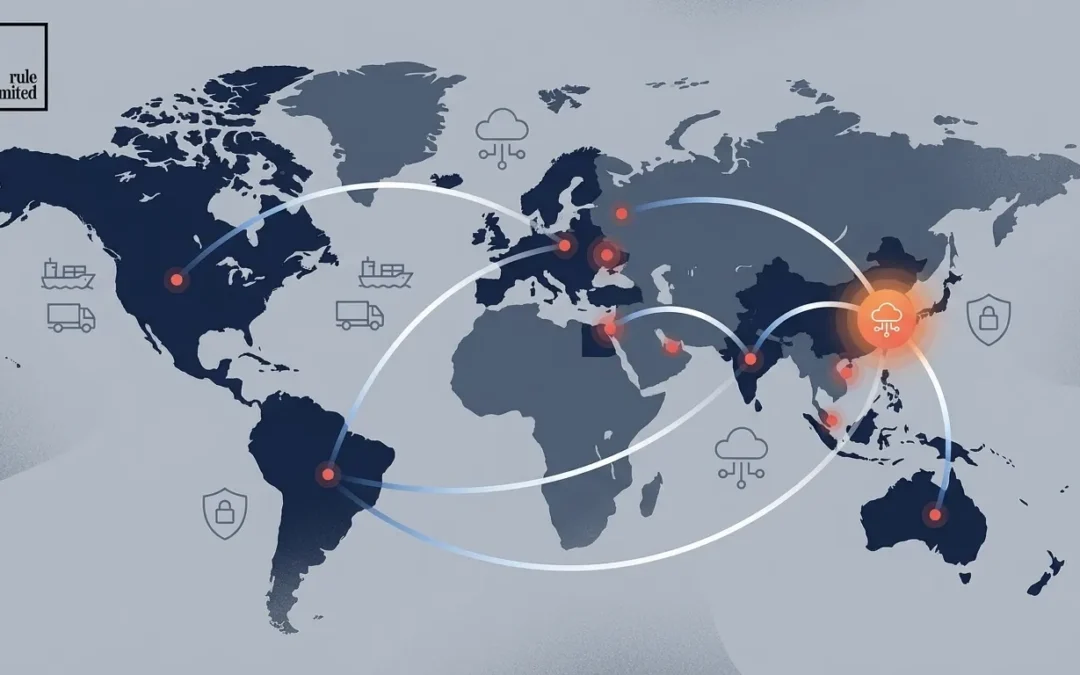 Global supply chain network illustration showing geopolitical risk hotspots and trade exposure.