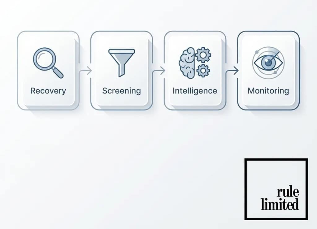Workflow diagram of Rule Ltd’s geopolitical risk screening and monitoring process.