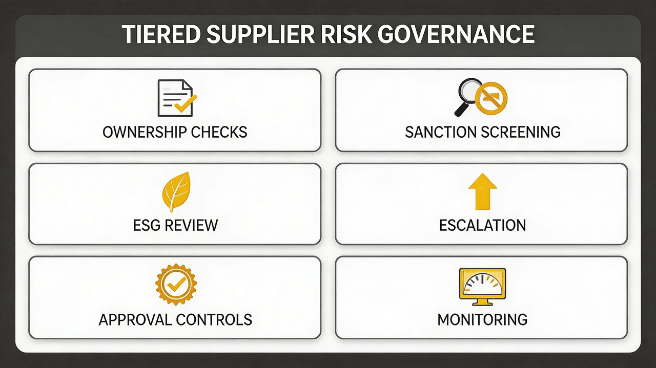 Structured supplier governance framework showing controls used to reduce reputational risk.