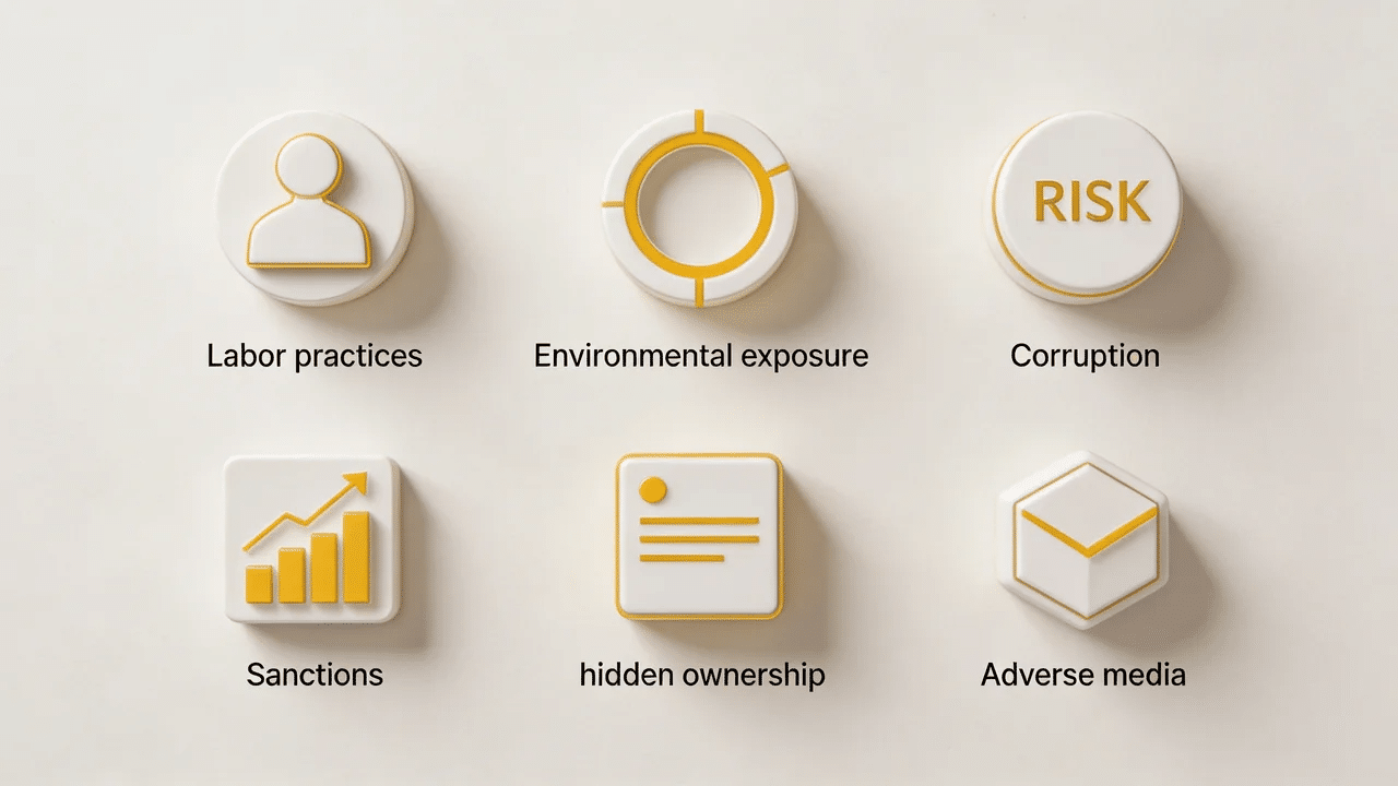 Grid-style visual of supplier reputational risk categories, including ESG, sanctions, corruption, labour, ownership, and adverse media.
