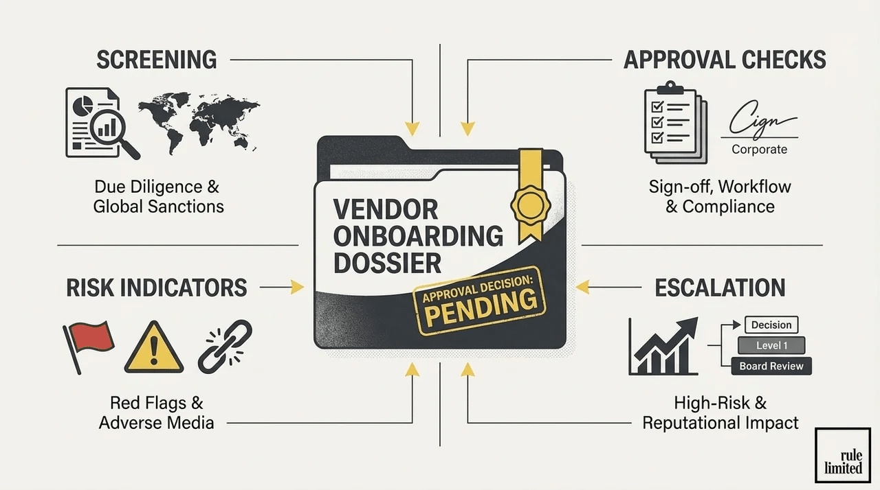 Vendor onboarding reputational risk framework showing screening, approval checks, risk indicators, and escalation before approval.