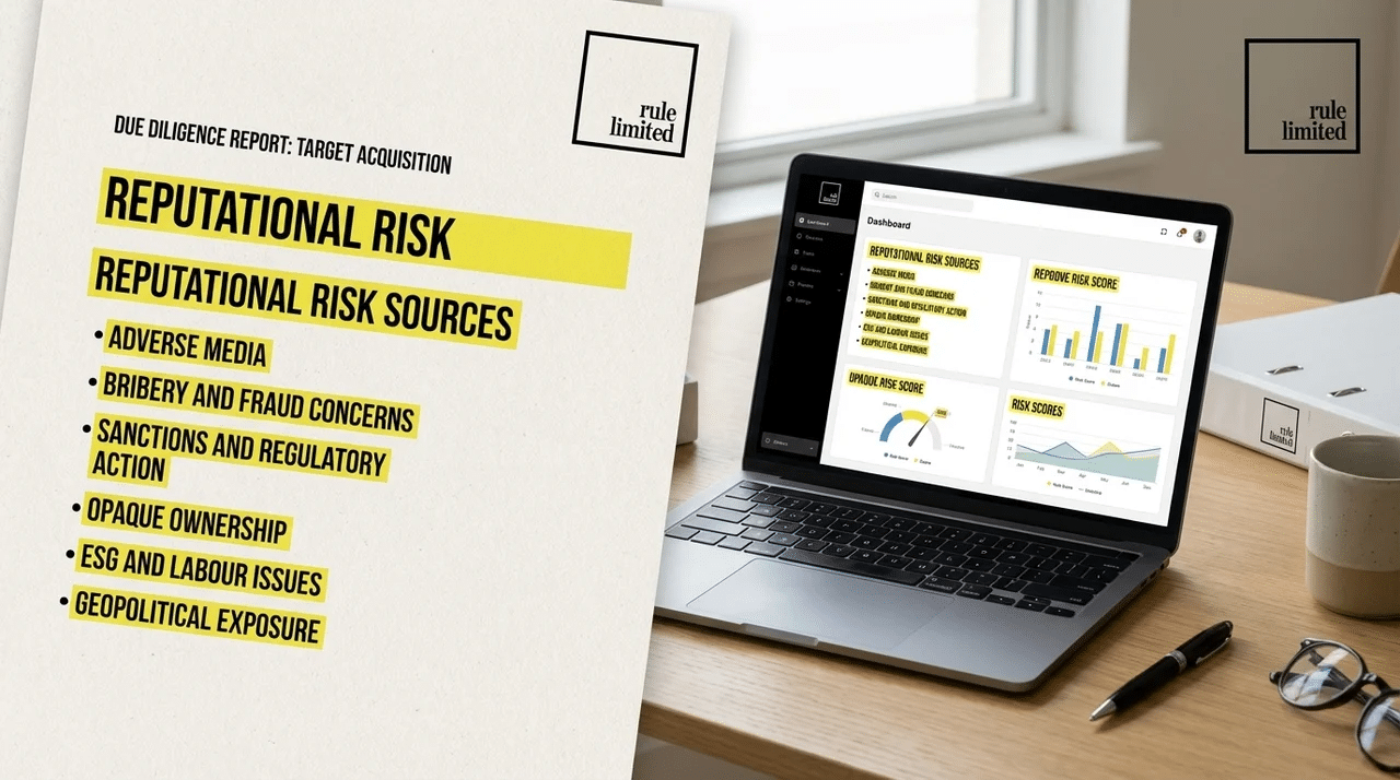 Due diligence report showing adverse media, sanctions, fraud, ownership opacity, and ESG risk categories.