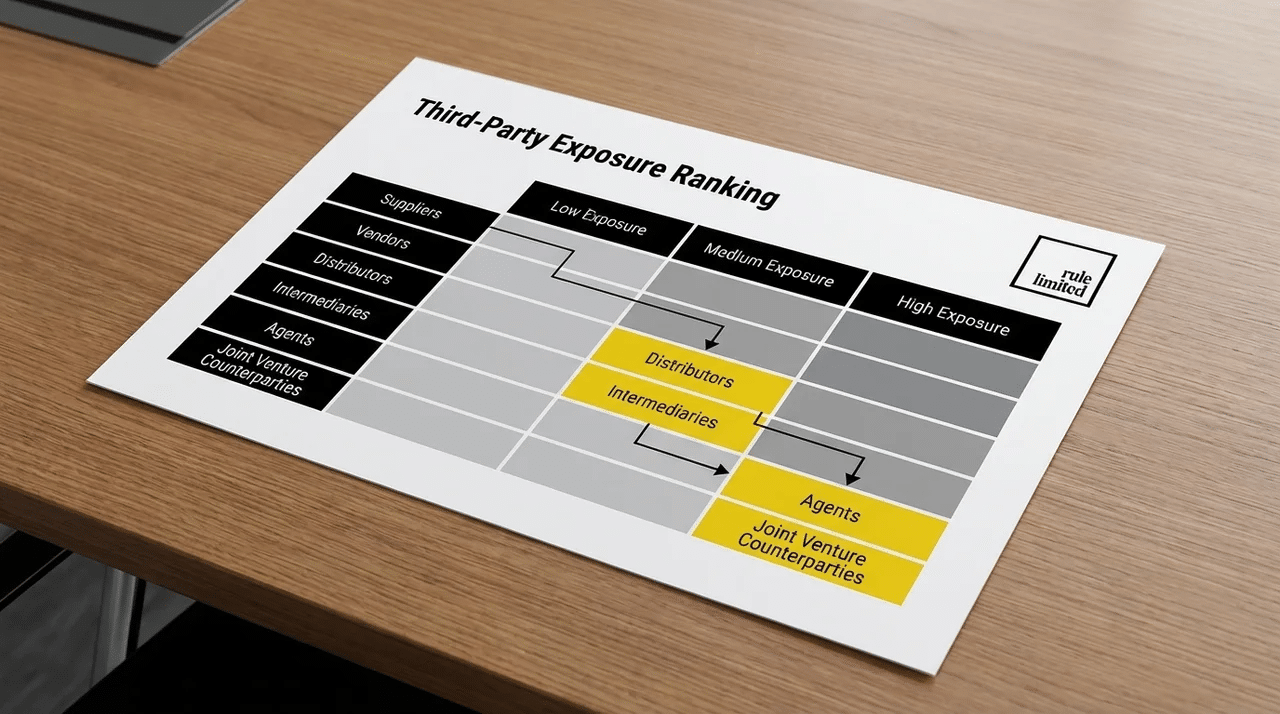 Corporate risk ranking of suppliers, distributors, intermediaries, and joint venture counterparties.