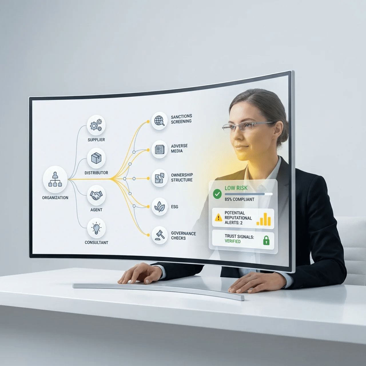 Third-party reputational risk due diligence dashboard with sanctions checks, adverse media review, and ownership risk analysis.