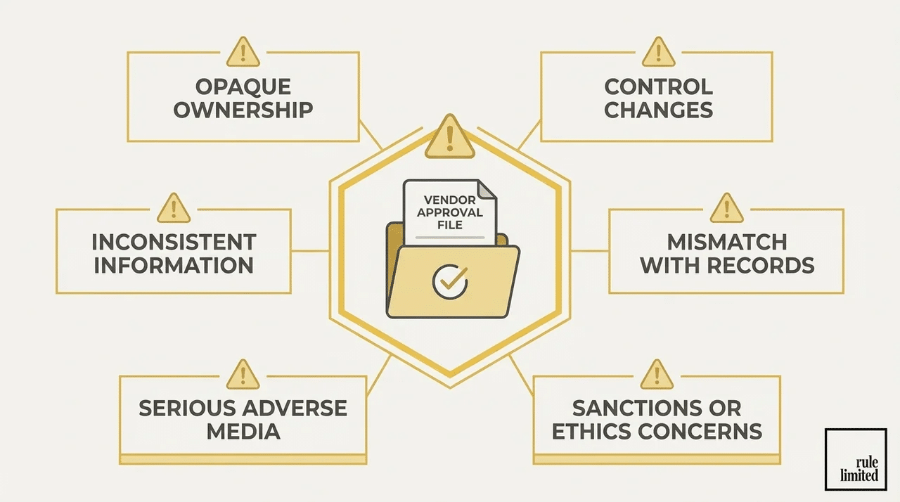Vendor onboarding red flags, including opaque ownership, inconsistent information, adverse media, and sanctions concerns.