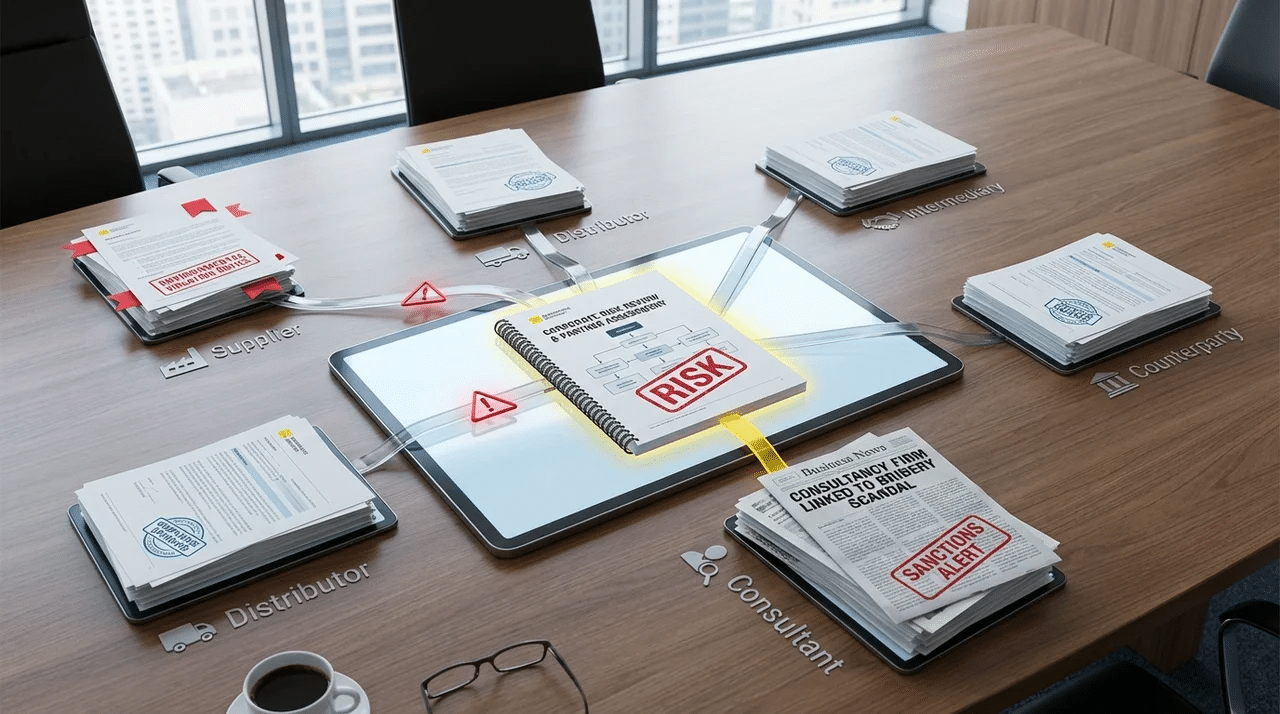 Third-party relationship risk diagram shown through real due diligence documents and a corporate risk screen.